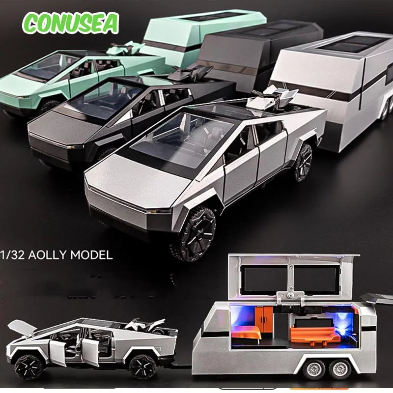 Pickup Trailer 1:32 Alloy Car Model Pull Back Sound Light Diecast Collection Recreational Vehicle Caravan Models Toys for Boys