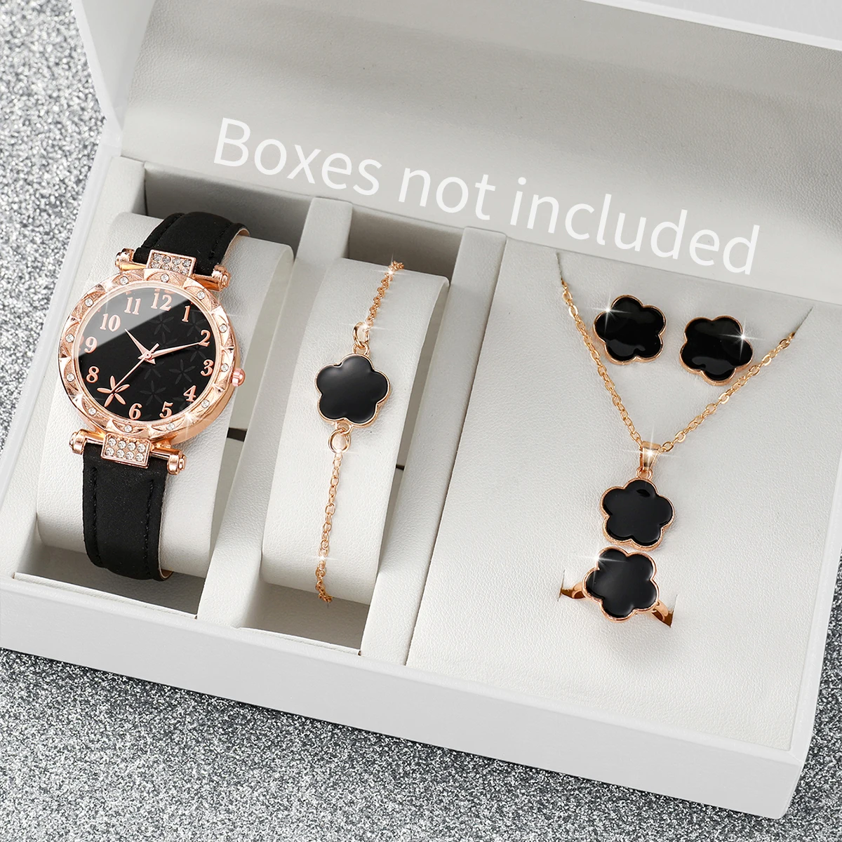 6PCS/Set Fashion Flower Dial Women Quartz Watch Leather Band Wristwatch Jewelry Set(Without Box)