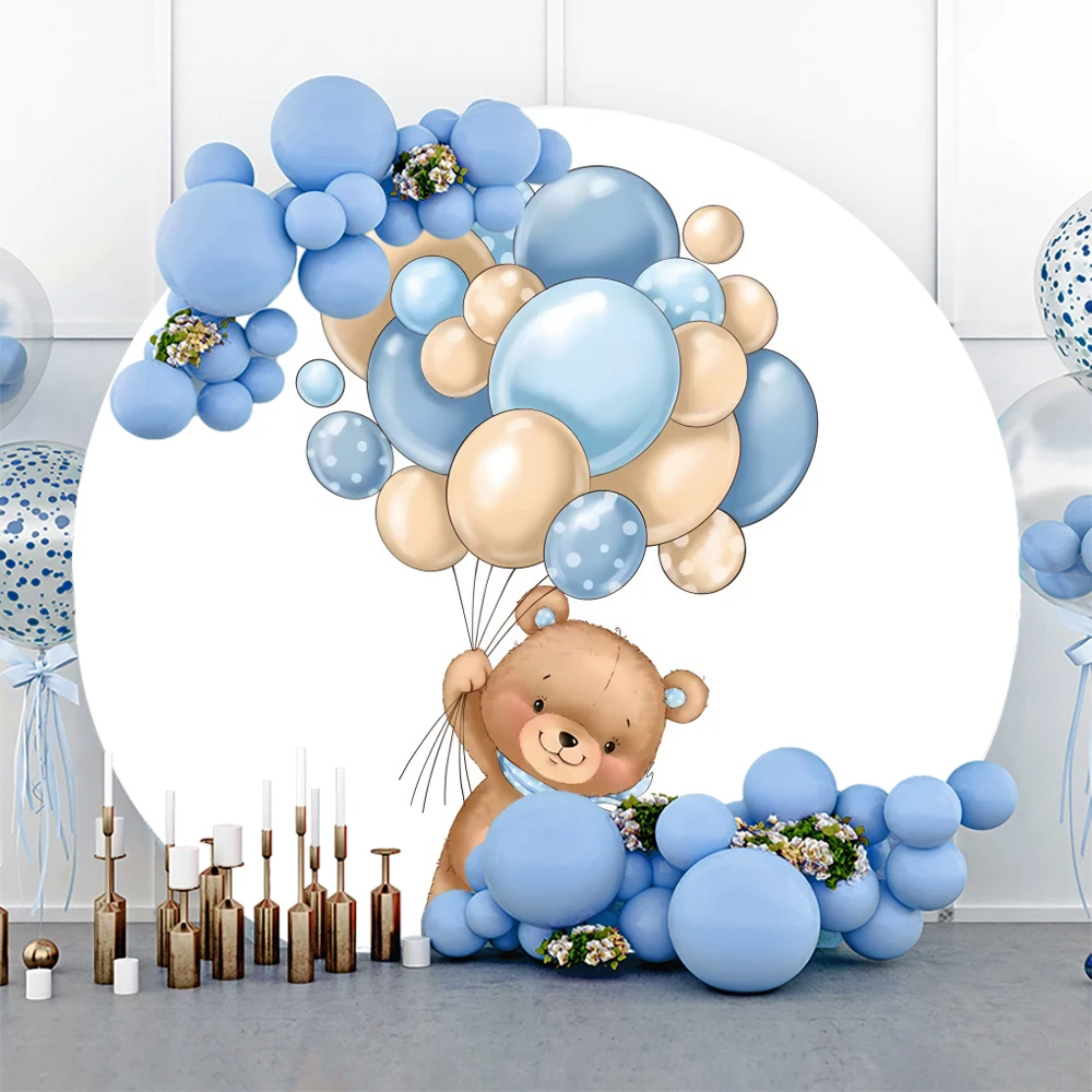 Bear Birthday Party Round Backdrop Balloon Clouds Newborn Baby Shower Customized Photo Photography Backgrounds Polyester Cover