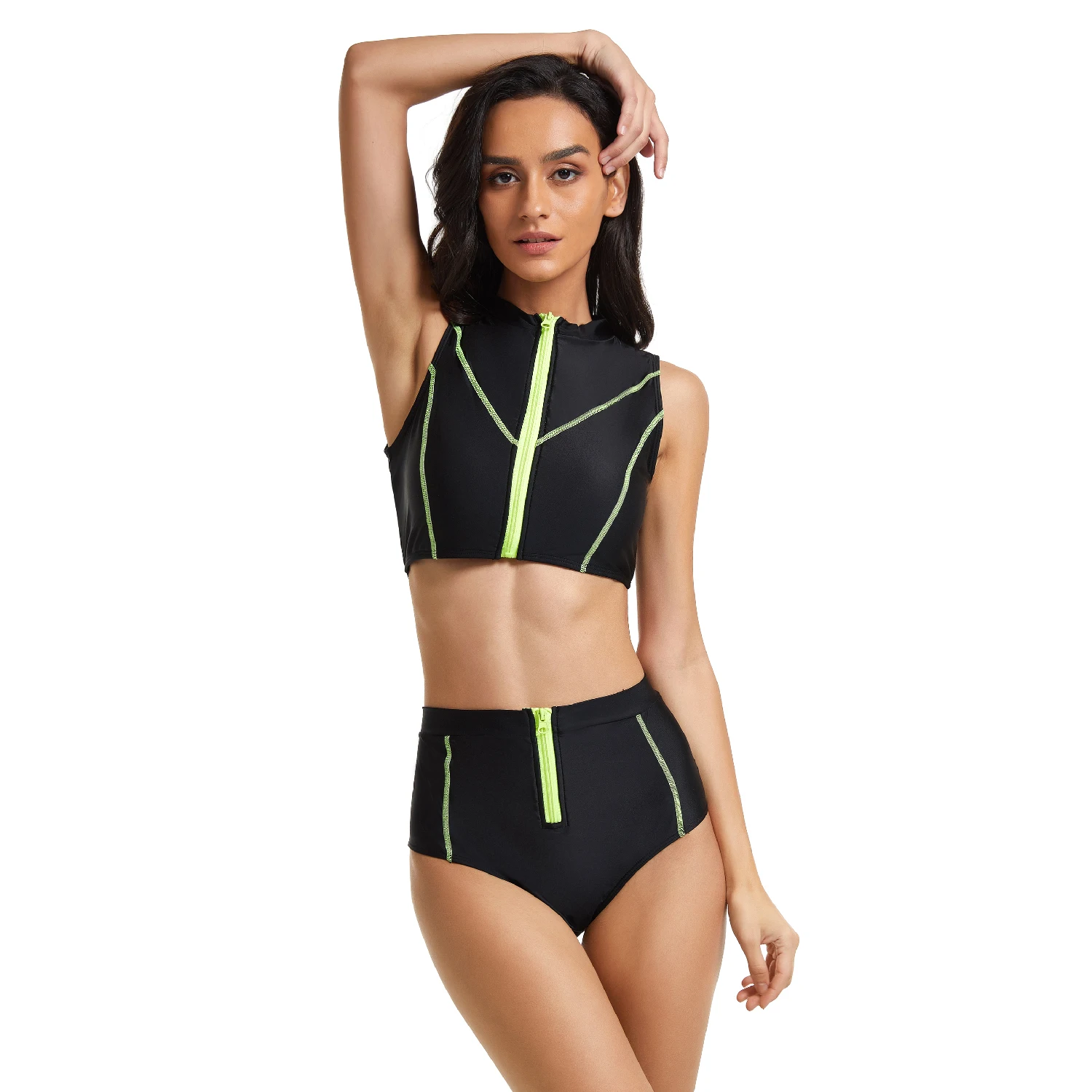 Damskie sportowe Top typu Crop Tank Bikini w stylu Retro sportowe dwuczęściowy strój kąpielowy wysokiej talii strój kąpielowy z przodu Zip stroje