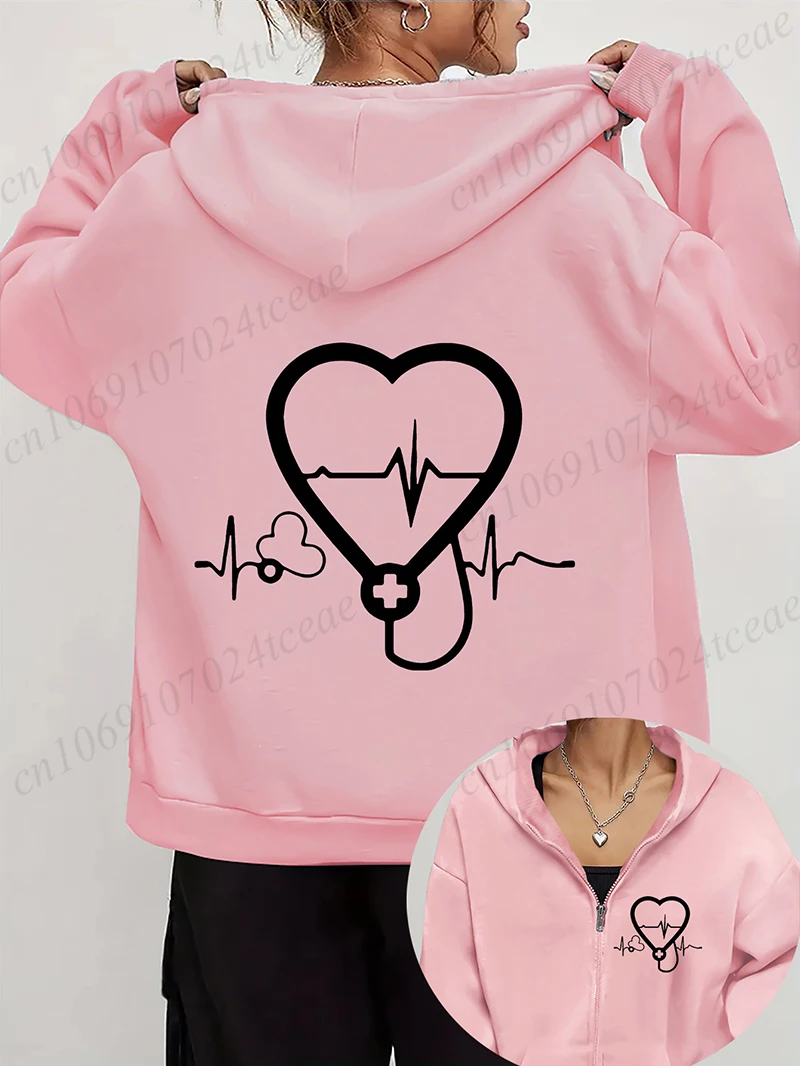 Women's Autumn Winter Hoodies Stethoscope EKG printed zipper Hooded Jackets Nursing Zipper Pocket Sweatshirt Nurse Life Outwear