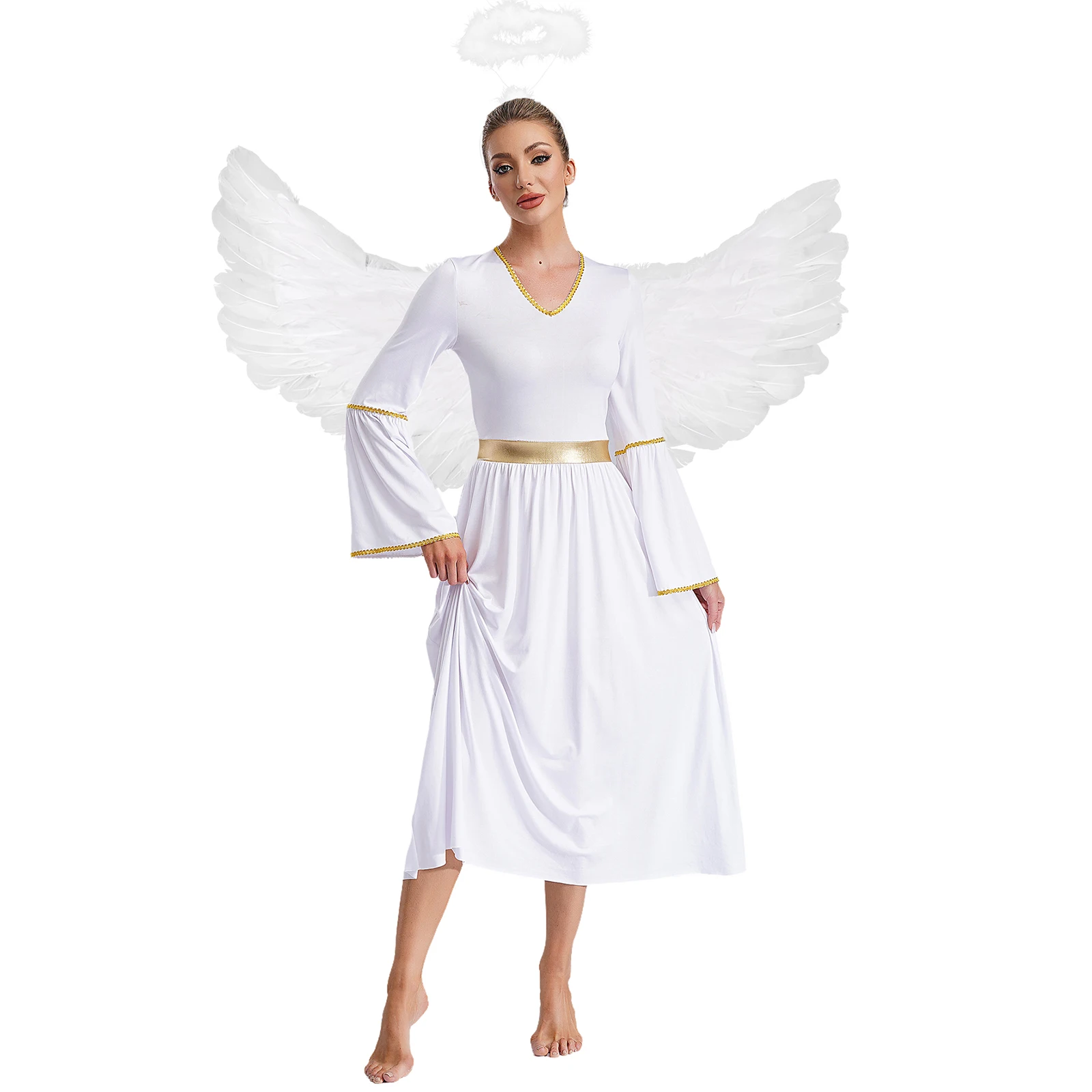 

Womens Angel Cosplay Outfit Long Sleeve Gold Trim Dress Gown+Feather Angel Wings+Headwear Halloween Party Performance Costume