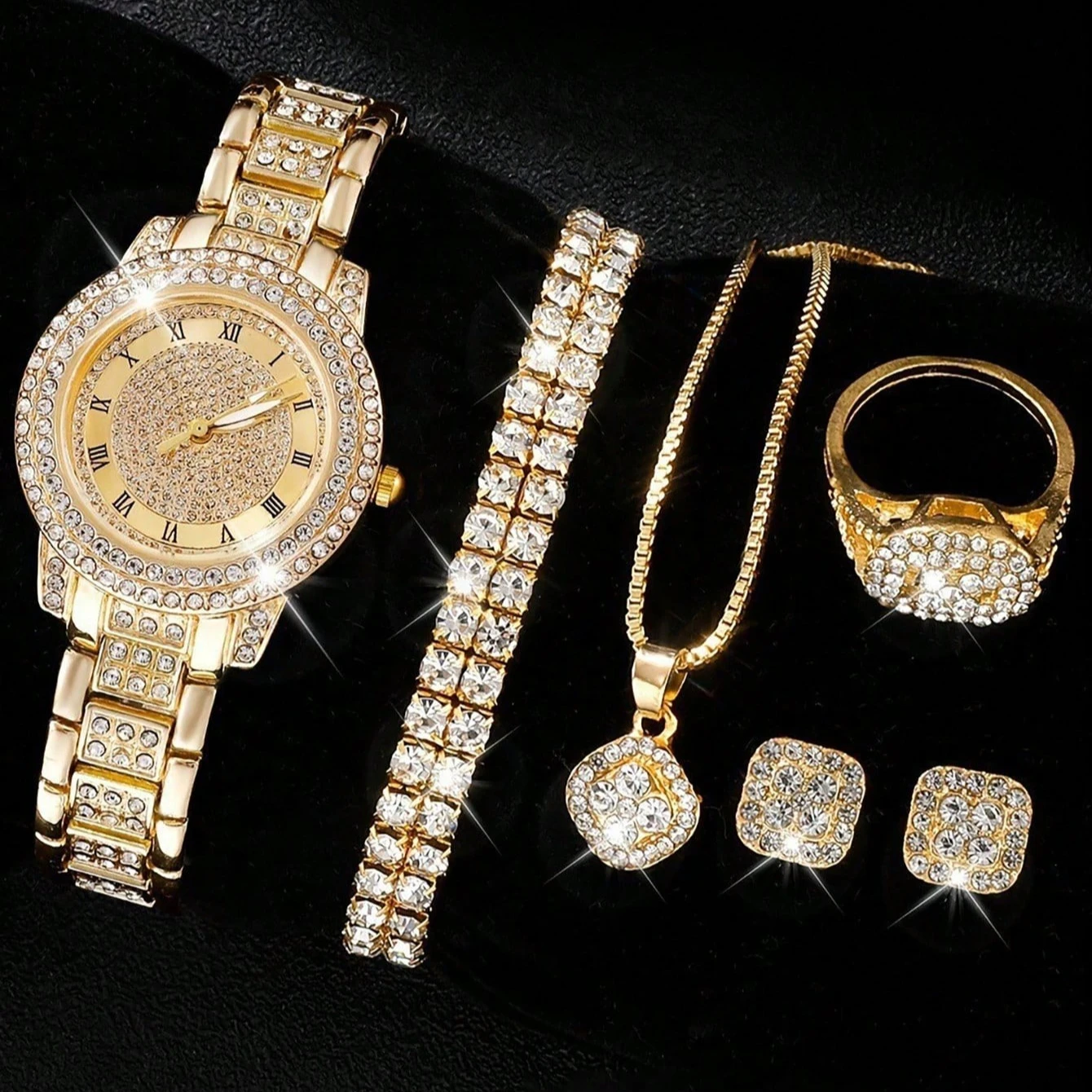 6 قطعة ساعة كوارتز نسائية فاخرة من حجر الراين مع سوار من حجر الراين وقلادة وخاتم وأقراط مجموعة مجوهرات عصرية للارتداء اليومي