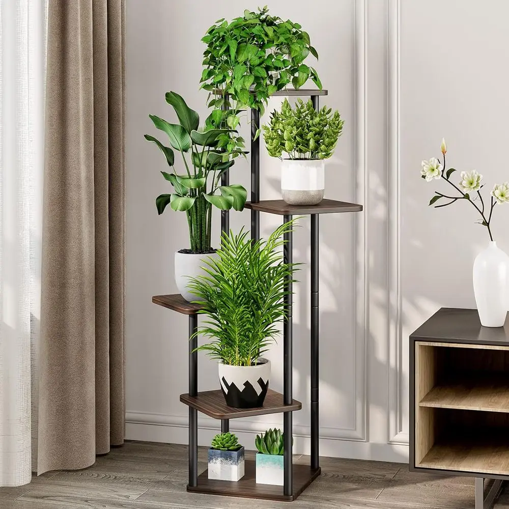 5-Tier Indoor Metal Plant Stand for Multiple Plants, Ideal for Living Room, Balcony, or Bedroom - Black Oak Finish