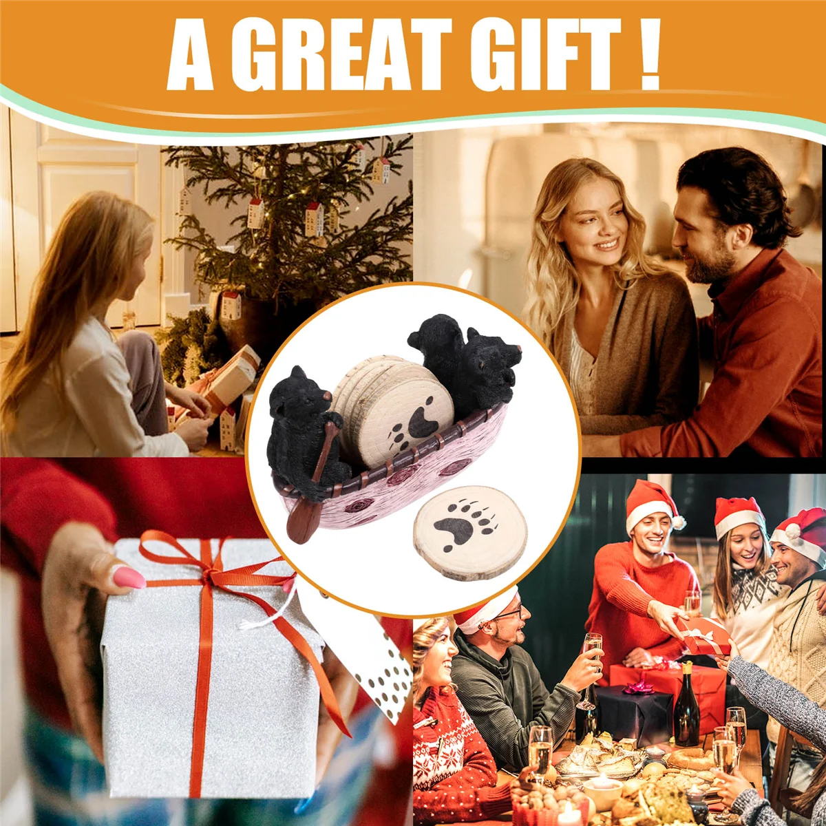 【Hot&Price】Insulation Pads Handmade Resin Coaster Set Black Bear Canoe Rack Pot Rack Beverage Coaster Farmhouse Insulation