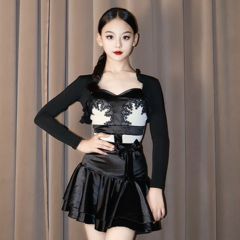 Vêtements de danse latine pour filles, Costume noir 3 pièces à manches longues, Costume de danse Cha Cha Rumba, robes de spectacle, automne et hiver, DNV25289