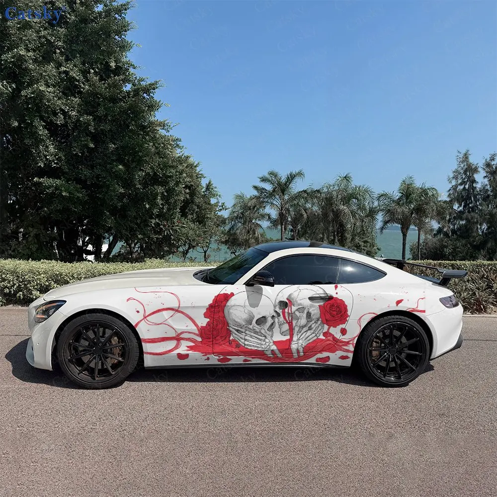 2pcs Romantic Blood Splatter Skulls Car Side Wraps, Self-Adhesive PVC Waterproof & Scratch-Resistant Sticker, Car Accessory Gift