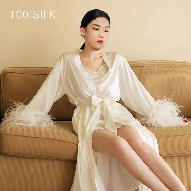Luxury Women's Satin Nightgown Ostrich Feather High End 100% Mulberry Silk Bridal Dressing Gown Spring Summer Elegant Robe L