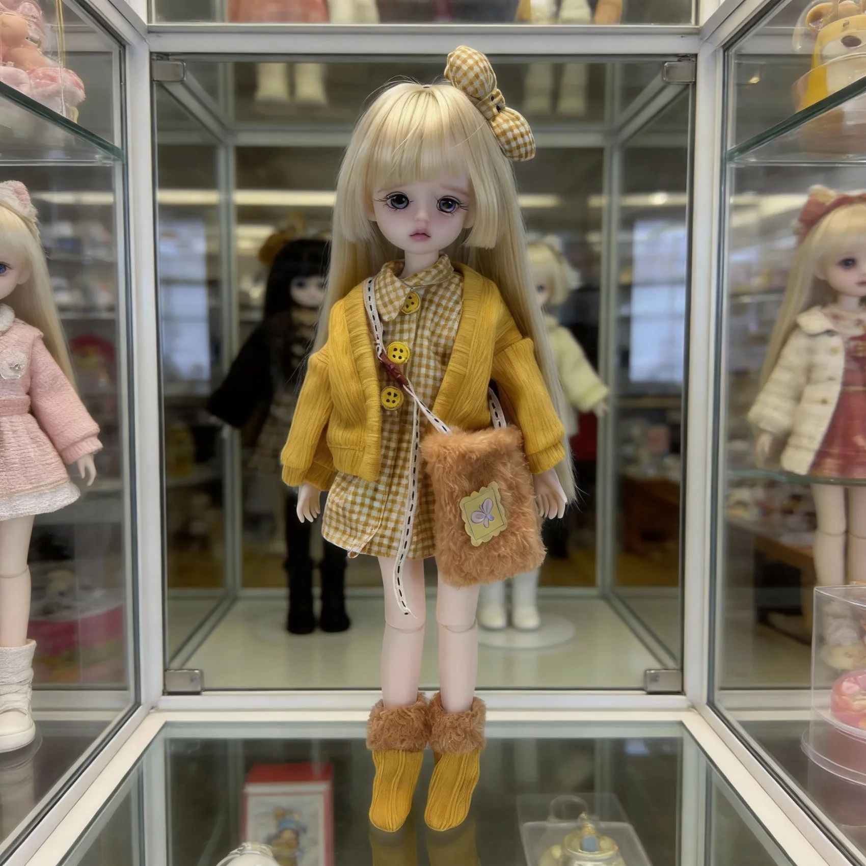 Conjunto de Ropa para Muñeca BJD de 30 cm 1/6 (Solo Ropa, Sin Muñeca) Vestido a Cuadros Amarillo, Cárdigan de Punto, Diadema con Lazo, Bolsa, Calcetines, Atuendo Estilo Cottagecore