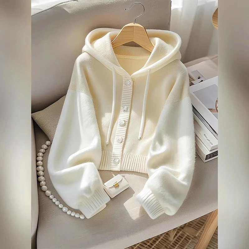 

Autumn Winter Casual Hooded Cardigan Sweaters Women Lazy Wind Patchwork Knitted Coat Vintage Sweet Long Sleeve High Quality Tops