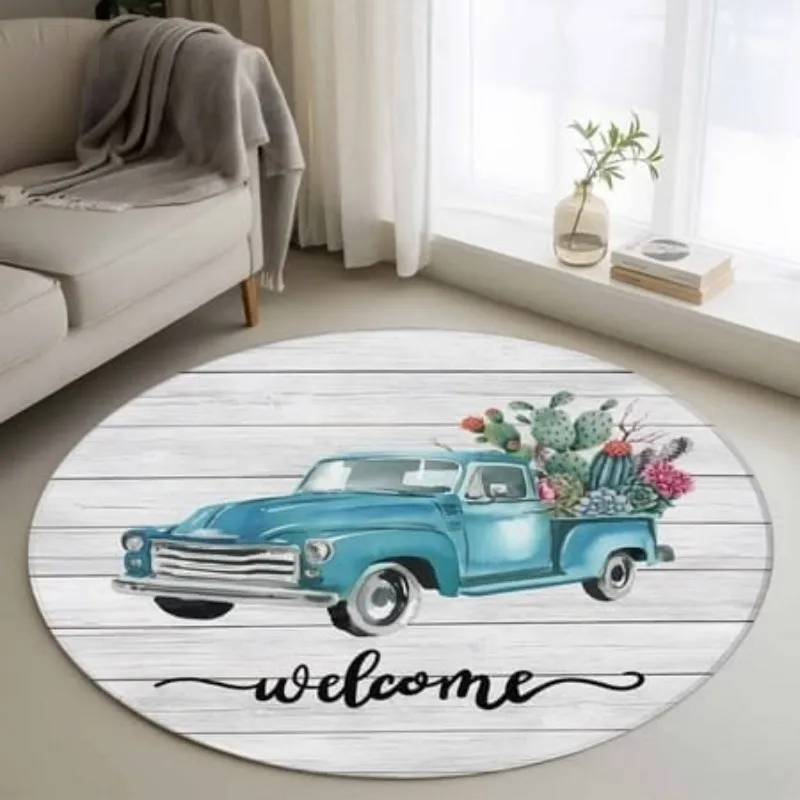 Welcome Circular Mat Red Flower White Wood Grain Printed Living Room Sofa Lounge Entrance Round Carpet