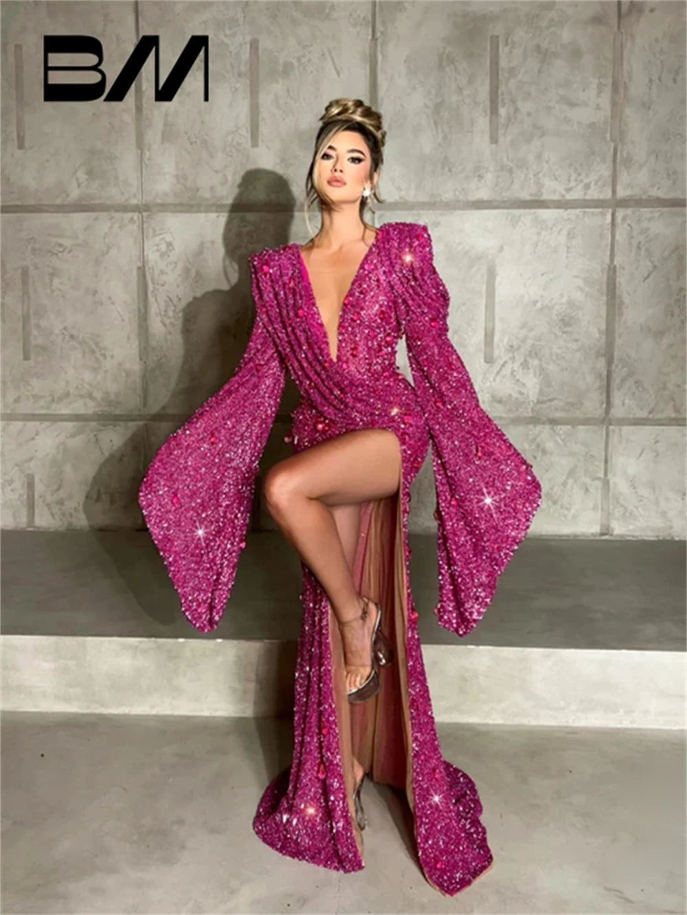 

Hot Pink Sequined Long Evening Dress With Flare Full Sleeves Deep V Neck Women Prom Dresses Sexy Side Slit Party Cocktail Gown