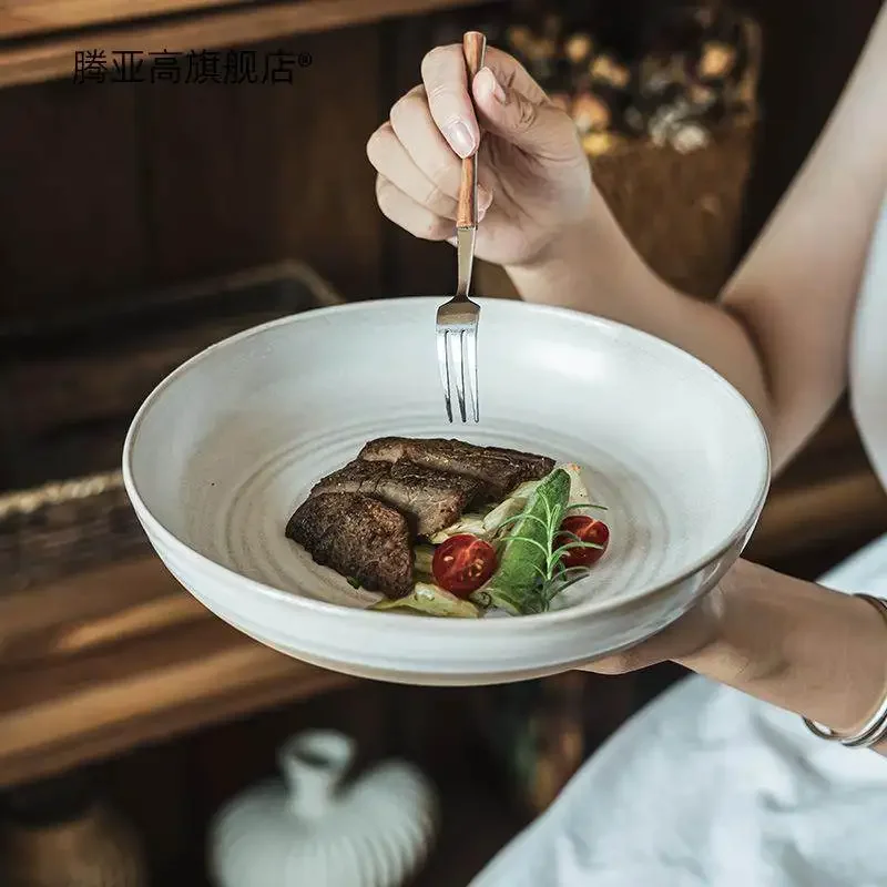 Japanese Style Thread Salad Plates Household Ceramic Large Capacity Tablewares Simple Patchwork Western Steak Dishes
