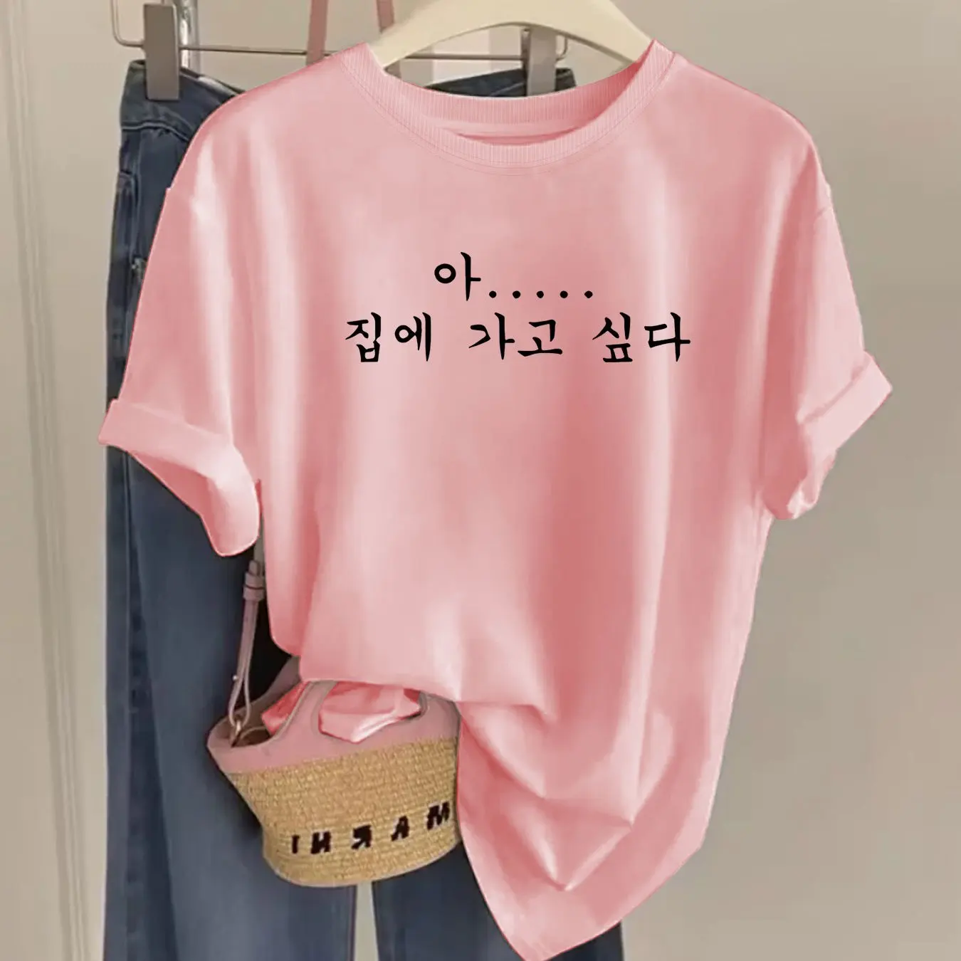 Handwritten Korean Print Womens Tee Round Neck Short Sleeve Casual Daily Tops Spring Summer