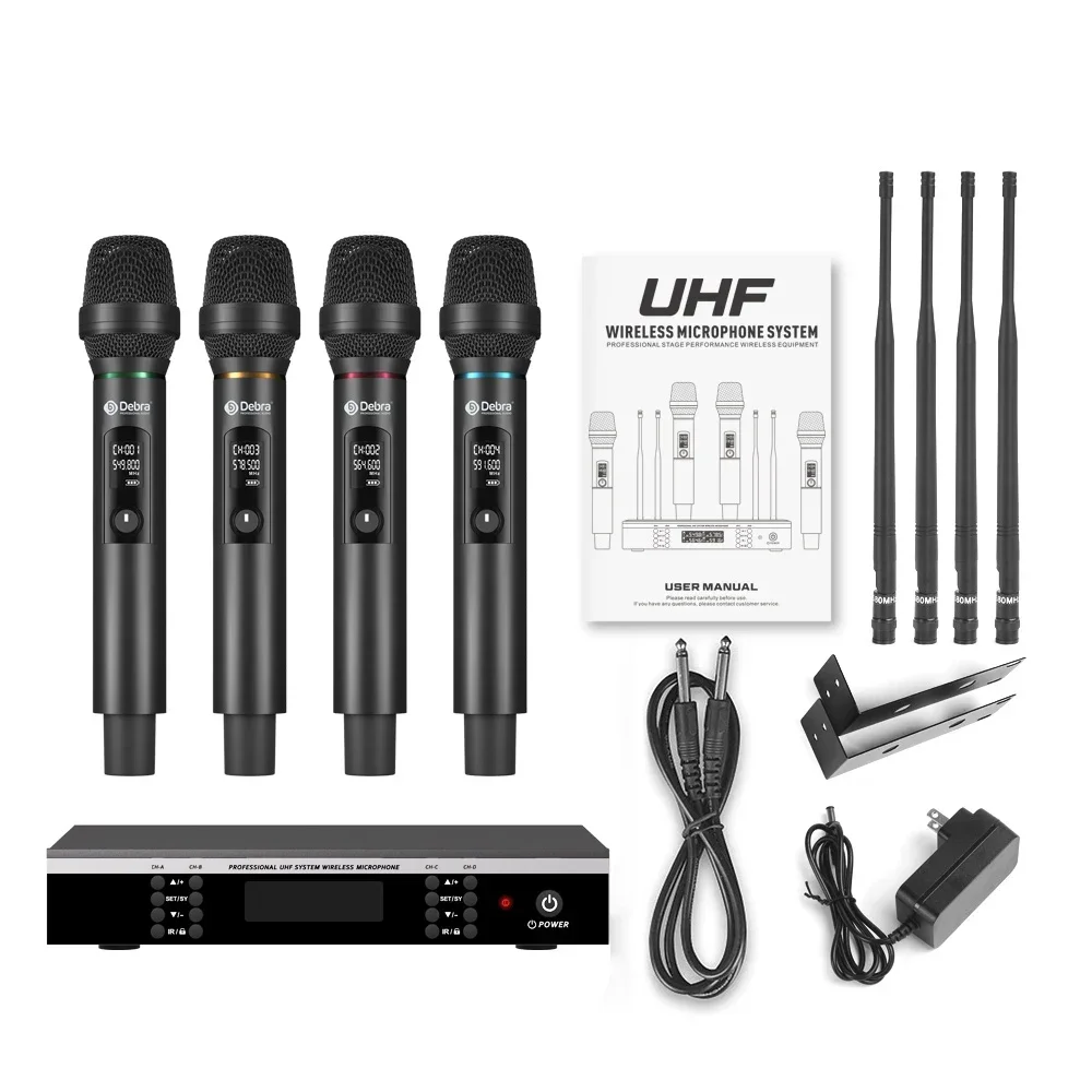 

Беспроводная микрофонная система UHF с 4 каналами, профессиональная портативная микрофонная система для пения, совещаний и вечеринок, с большим радиусом действия, прямые продажи с завода