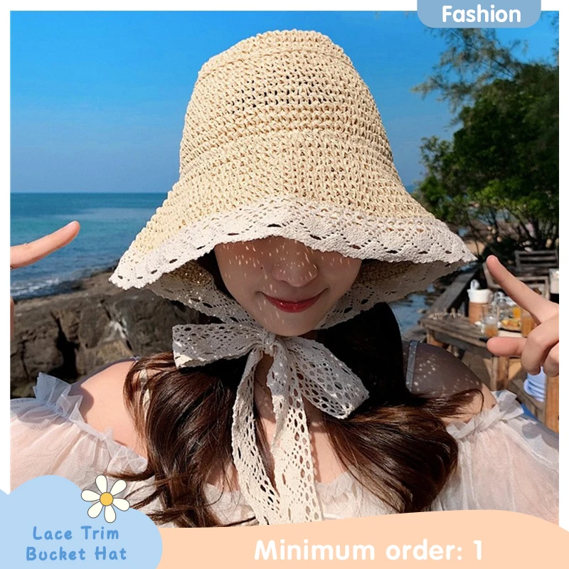 Summer Straw Hat with Small Fresh Lace All-match Fisherman Hat Female Version Sunshade Holiday Leisure Large Brim Sun Bucket Hat