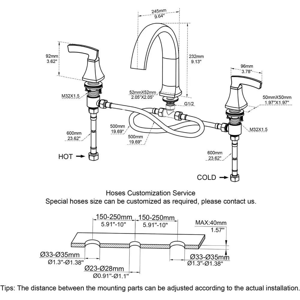Black Deck-Mounted 3-Hole Waterfall Tub Filler with Brass Handles for Roman Tub Bathroom Faucets