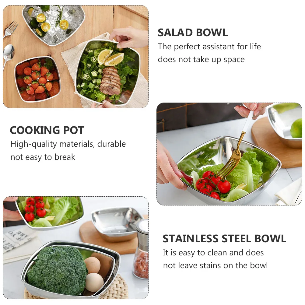 

Square Stainless Steel Salad Bowl Vegetable Basin Fruit Bowls Easy Clean Matching Tableware Kitchen Bar Accessories