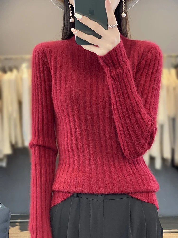 Women's Mock-neck Slim Sweater Pullovers 100% Mink Cashmere Knitwear Korean Style Striped Clothing Tops Autumn Winter New ﻿