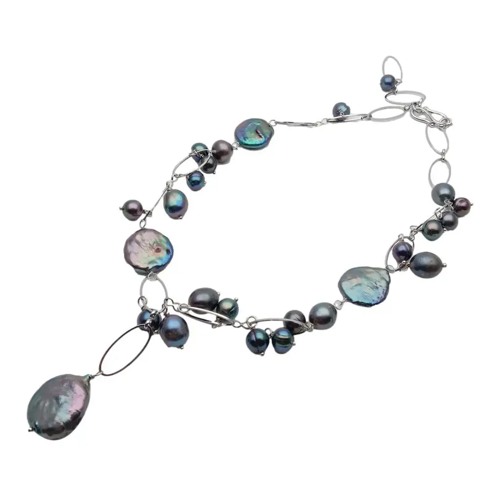 YYGEM different shape black freshwater  Pearl silver color gold plated Chain Choker Necklace
