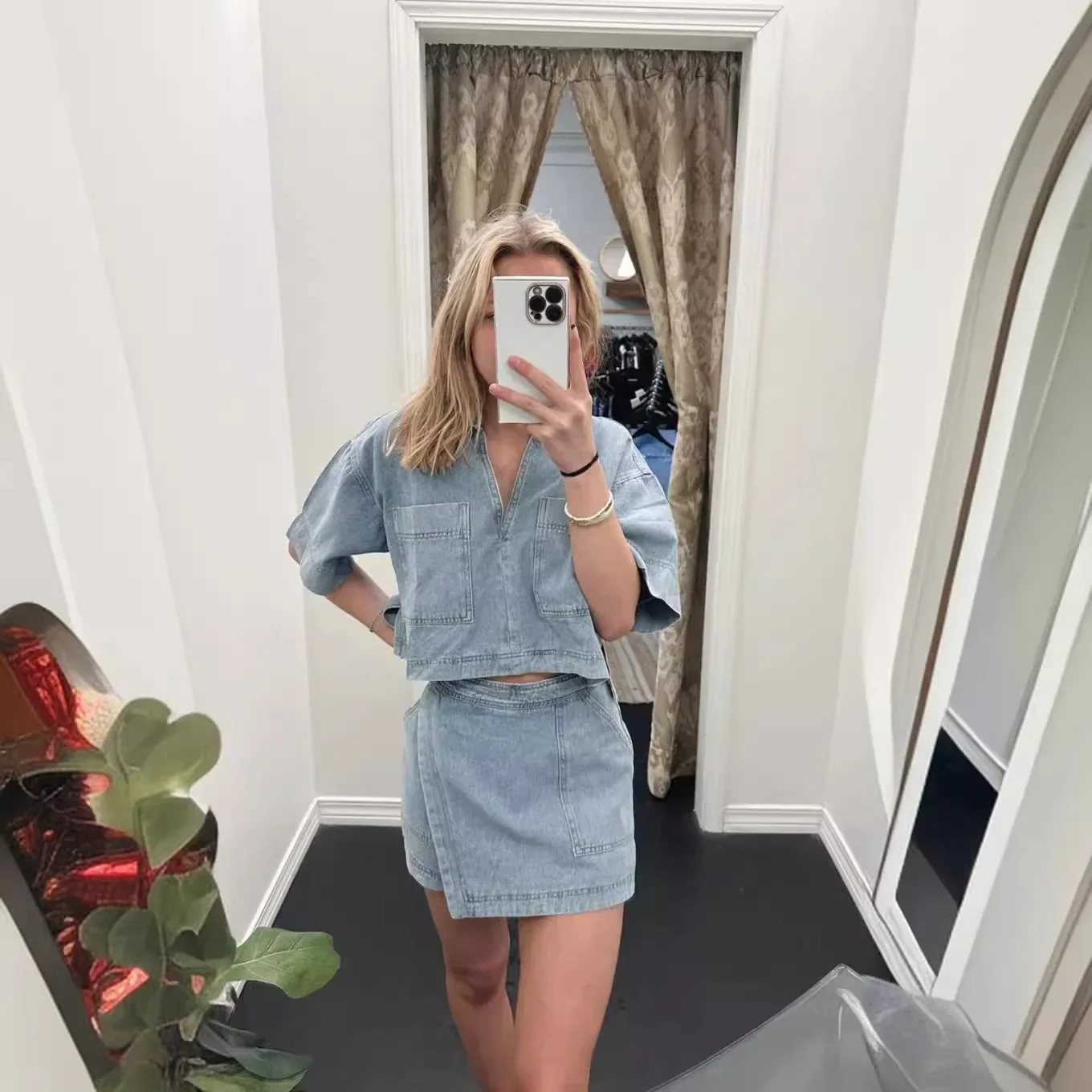 Two Piece Sets Women Cowboy Outfits Casual Shirt Polo Neck Pockets Spliced Shorts Skirt Irregular Suits Summer Female Ensemble