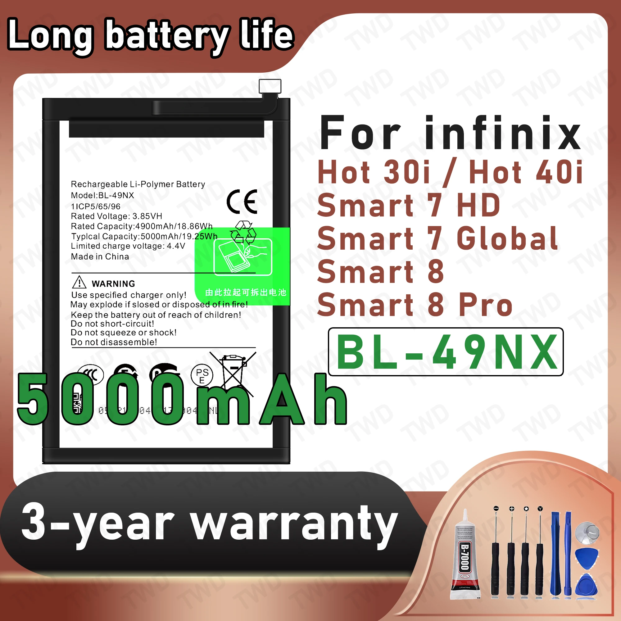 BL-49NX Large capacity Battery For infinix Hot 30i/ Hot 40i/Smart 7 HD/Smart 8 Batteries New High Quanlity+Free Tools