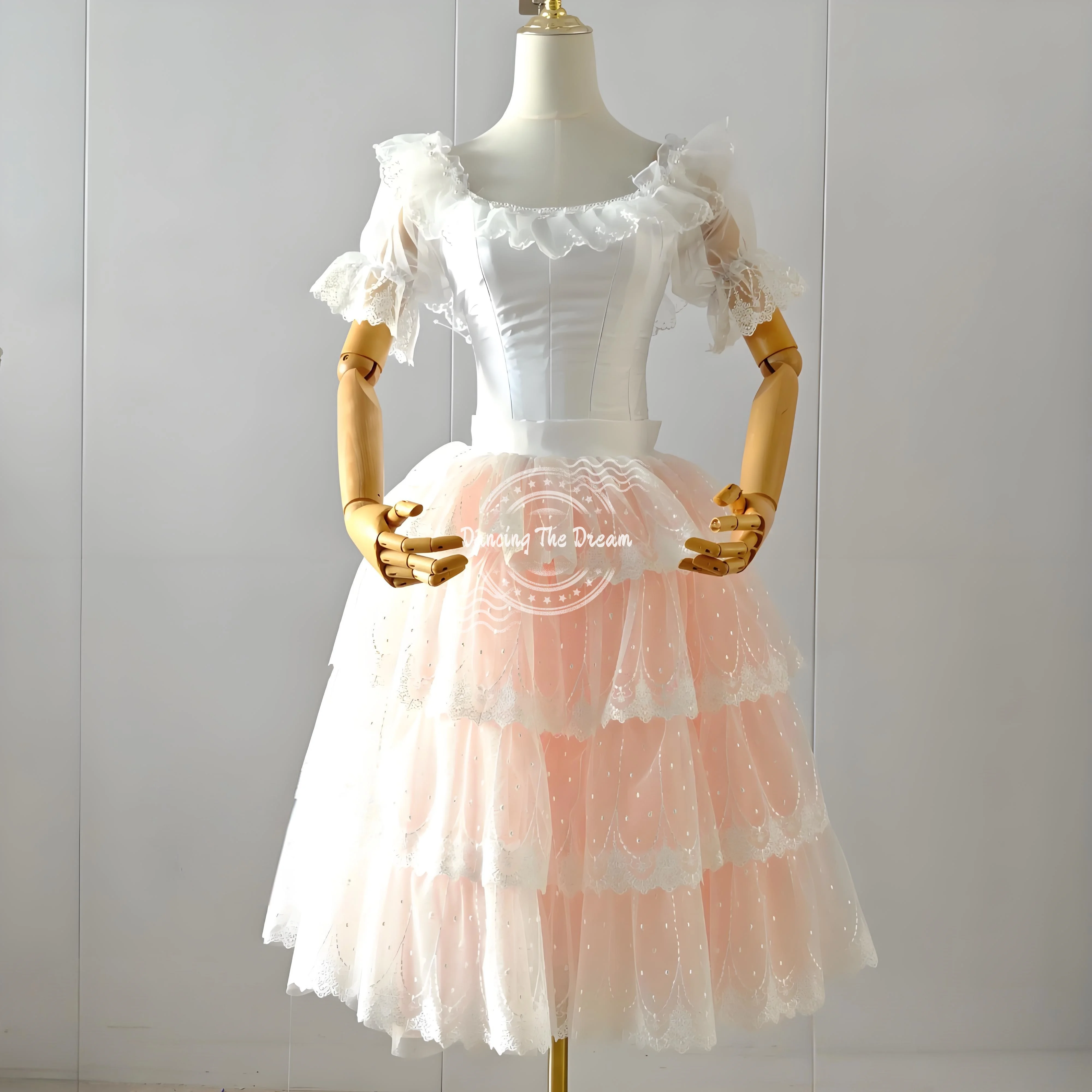 

Romantic Ruffled Lace Tiered Ballet Dress Elegant Off - Shoulder Tulle Ballet Performance Gown