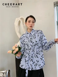 CHEERART Blue Striped Floral Print Long Sleeve Button Up Shirt For Women Ribbon Fashion Blouse 2023 Fashion Spring Designer Top