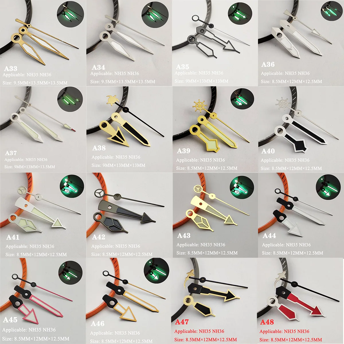 green luminous NH35 hands NH36 hands pointer Silver needle Watch accessories suitable for nh35 Second Hands nh36 movement A17-37