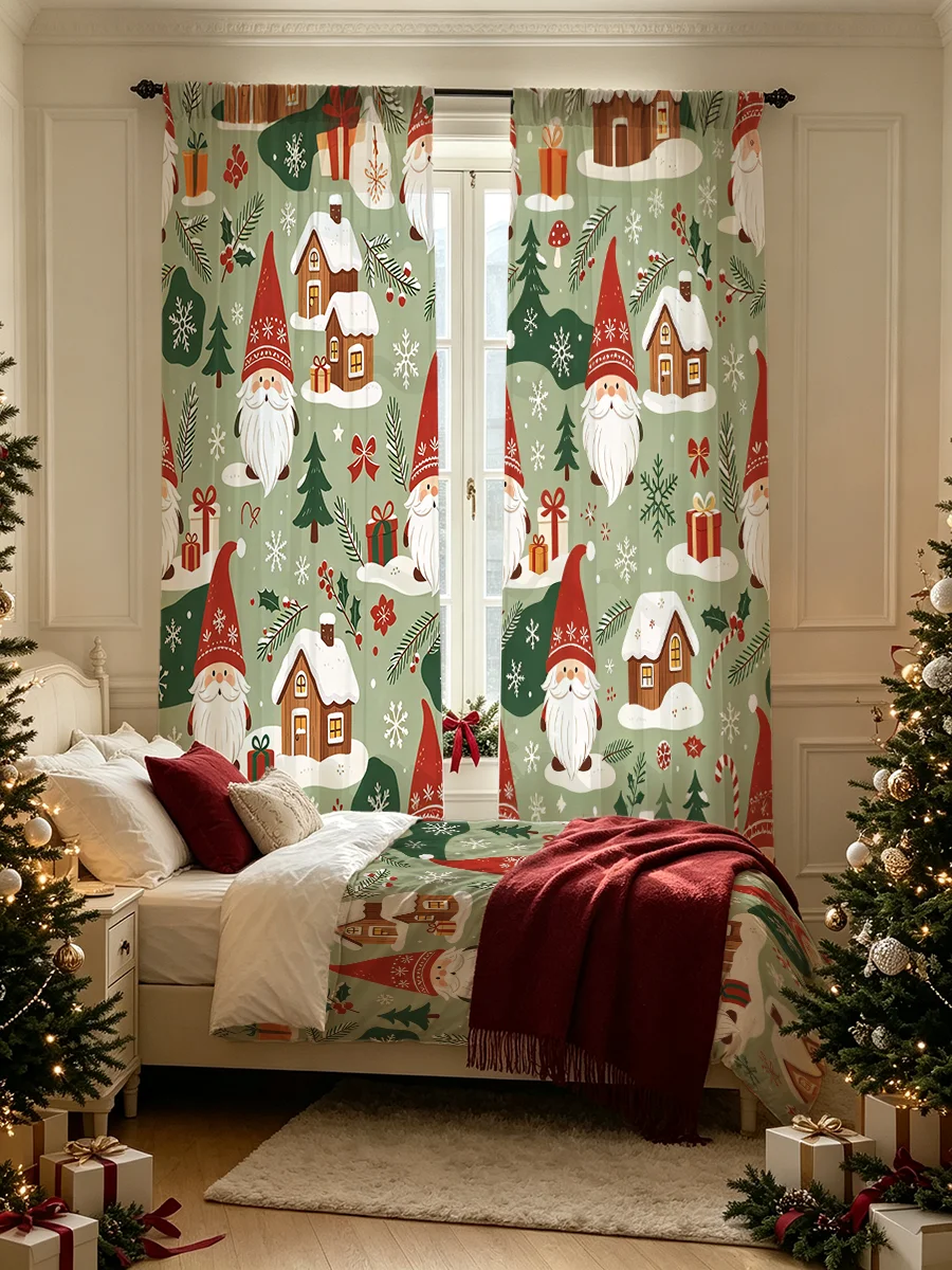 Farmhouse Christmas Gnome Printed Curtains 2 PCS, Rod Pocket Light Filtering Window Drapes, Winter Snow Scene Home Decor