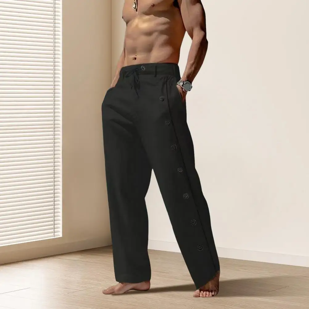 

Men Single-breasted Side Detail Pants Quick-drying Men's Casual Sweatpants with Side Pockets Elastic Waist for Gym Training