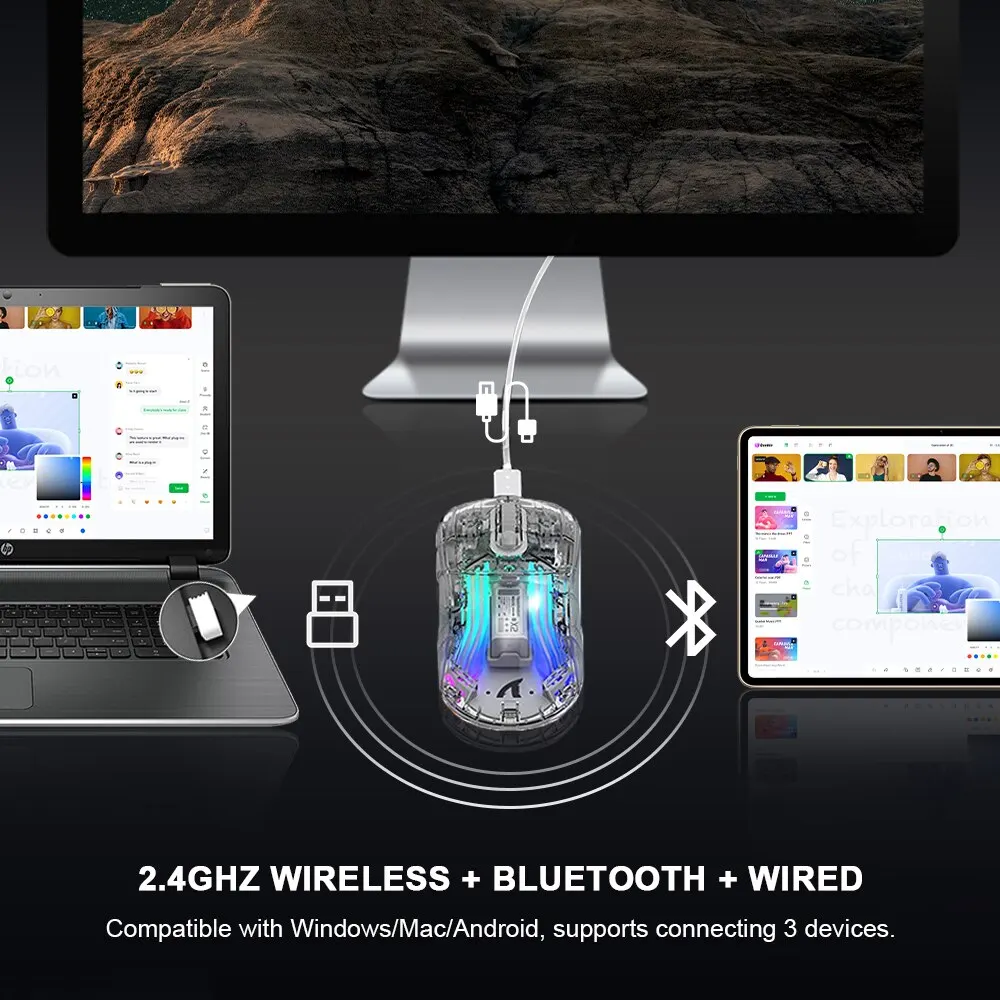 Bezprzewodowa mysz do gier przezroczysta podwójny tryb 2.4G Bluetooth 3D RGB podświetlany bezprzewodowy myszy komputerowe do laptopa PC Mac