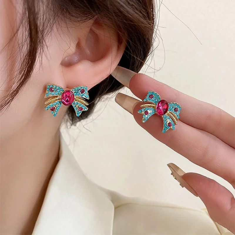 

Vintage Pink Blue Rhinestone Bowknot Stud Earrings Women Elegant Cute Crystal 14K Gold Plated Girl Party Jewelry Gifts