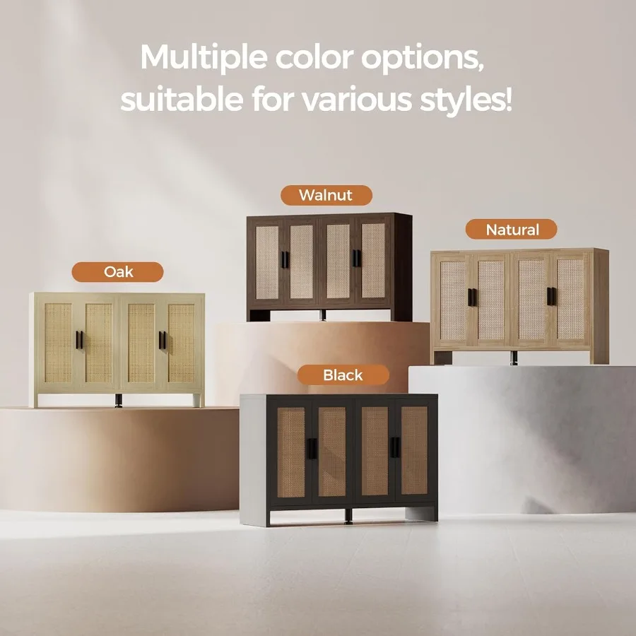 Rattan Buffet Cabinet with Storage Sideboard Featuring Doors for TV Stand Farmhouse Style Coffee Bar Modern Wood Storage Cabine