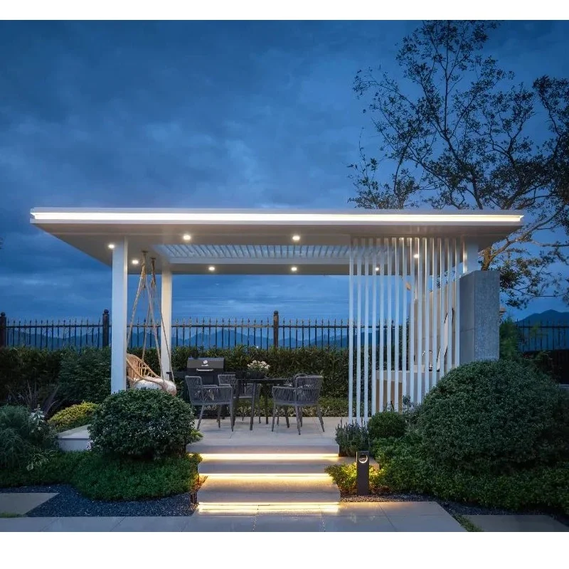 Modern Minimalist Aluminum Pergola, Custom Color Motorized Louver Gazebo With LED Project