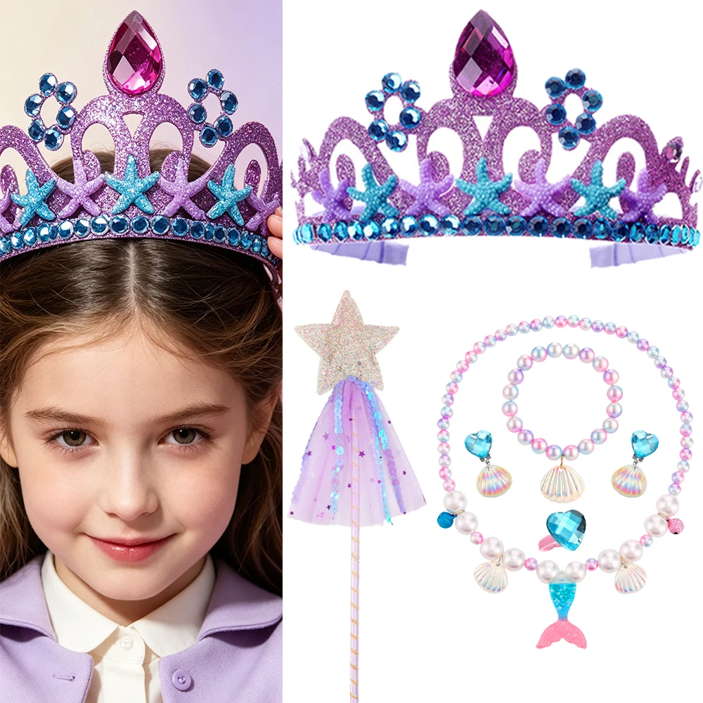 Princess Accessory Set With Sparkly Crown Magic Wand Gloves Mermaid Tail Necklace For Girls Costume Dress Up Birthday Gift