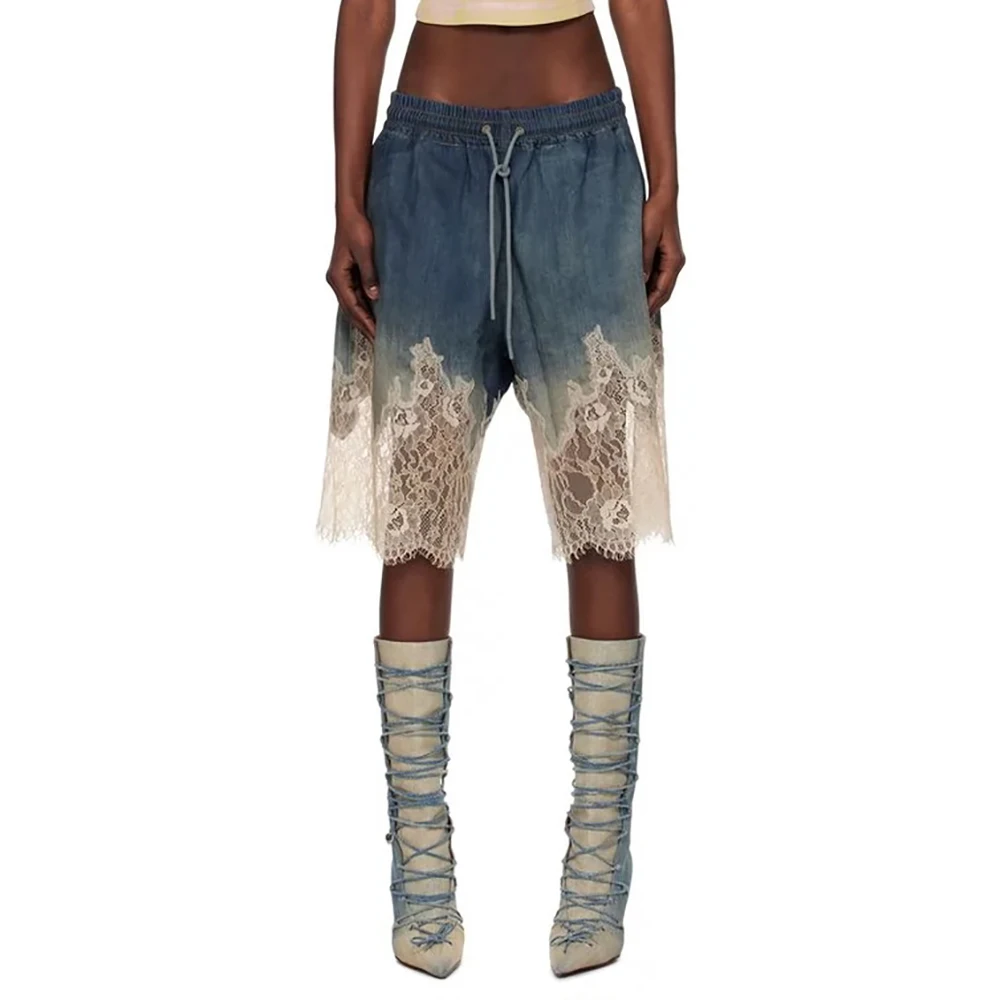 

Denim Lace Splicing Women's Shorts Y2k Drawstring Elastic Waist Retro Fashion Commuter Hundred Five Pants 2024 Summer New