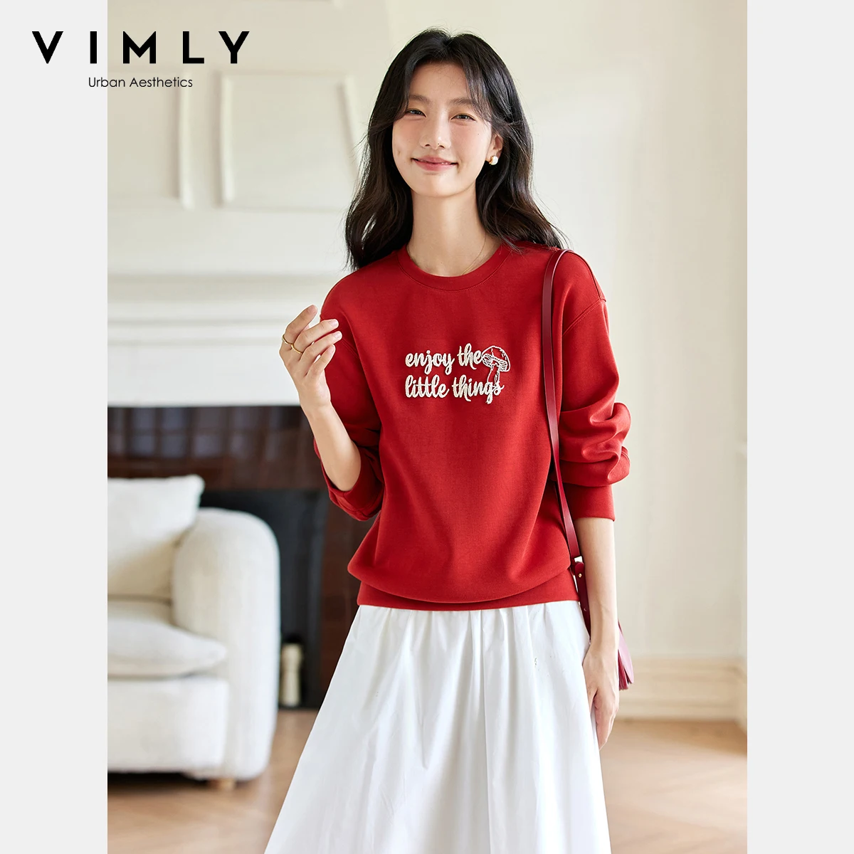 VIMLY Sports Women Sweatshirts Letter Embroider Autumn 2025 O-neck Knitted Female Sweatshirt Elegant Straight Ladies Tops A2106