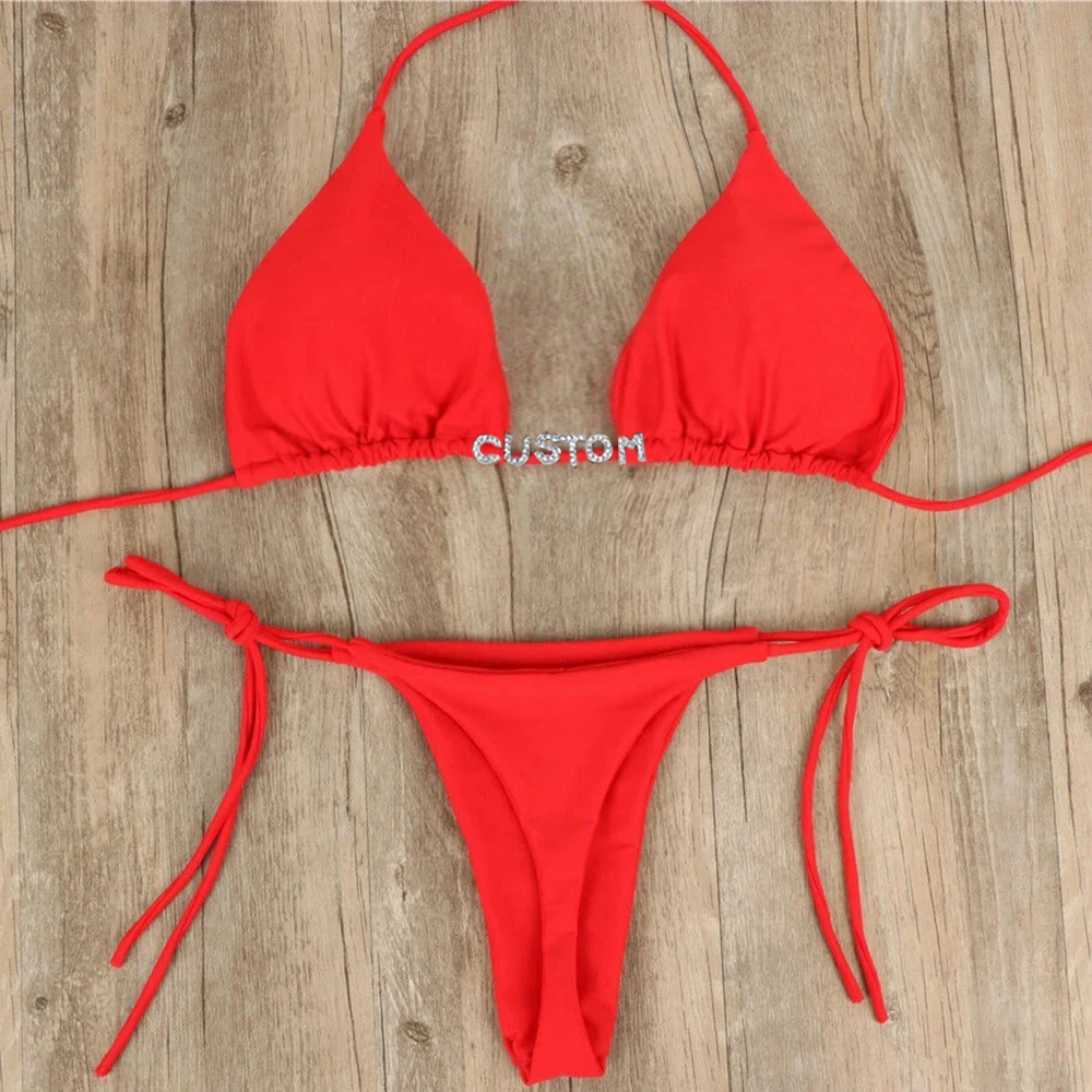 Sexy Customized Swimwear Thongs Triangle Bra Bikini Set Women Custom Swimsuit Bandage Brazilian Side TieBeachwear Bathing Suits