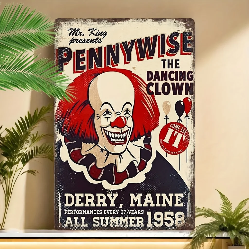 Retro Pennywise Dancing Clown Metal Tag, Aluminum Wall Art, Suitable for Bar, Pub, Cafe, Home Decoration, Rustic Iron Painting,