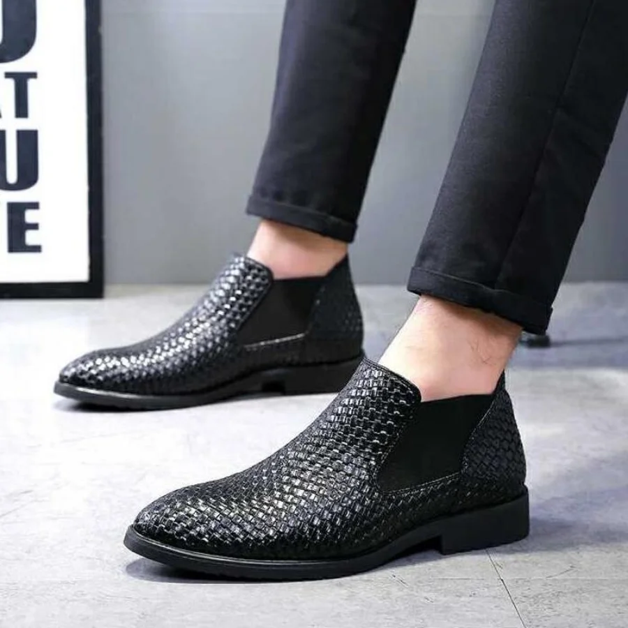 Spring/Autumn Mens Woven Single Boots Male Chelsea Boots Fashion Ankle Boots Hairstylist Working Shoes Cowboy Boots Size 38-48