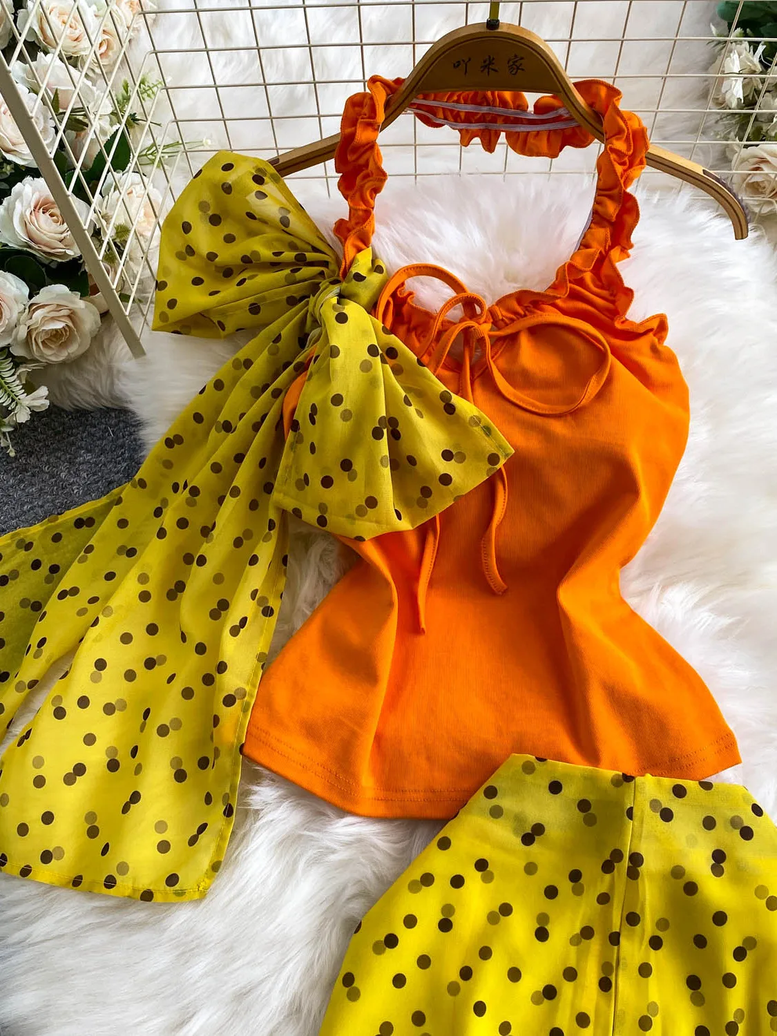 Sweet Polka Dot  Knot Wooden  Neck Hanging Top Midi Skirt Elegant Two-Piece Set Luxury Minimalist Business Casual