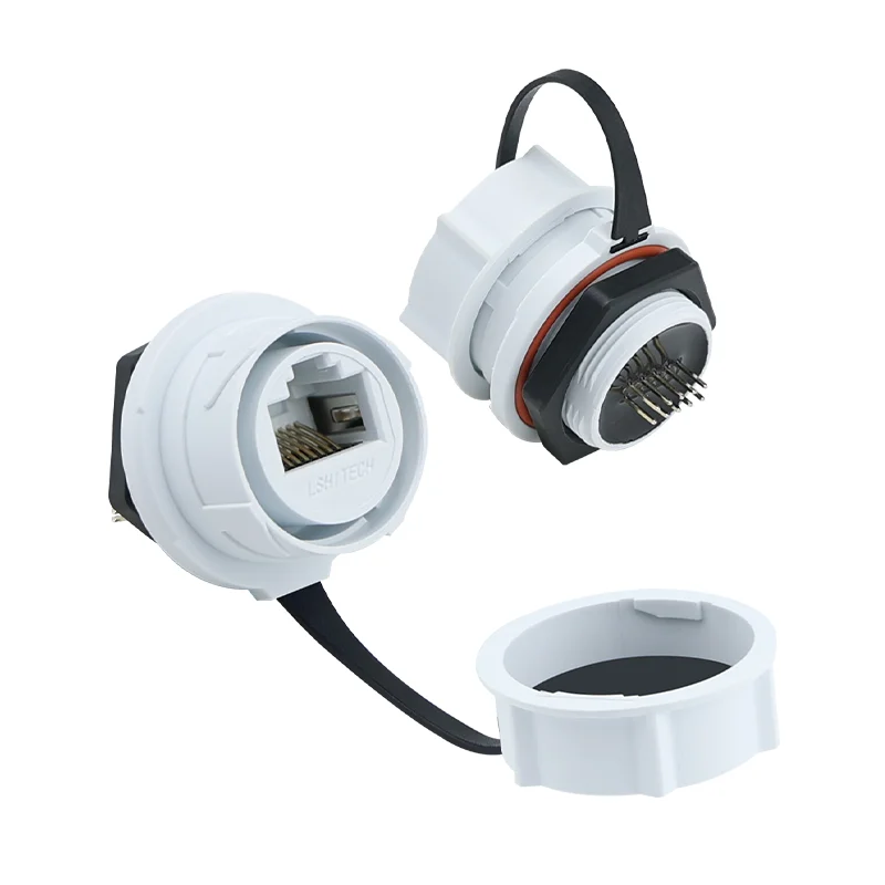 Lshitech IP67Waterproof RJ45 Ethernet Connector Panel Mount Socket with Rubber Cover 8P8C D-Type for Outdoor/Industrial Networks