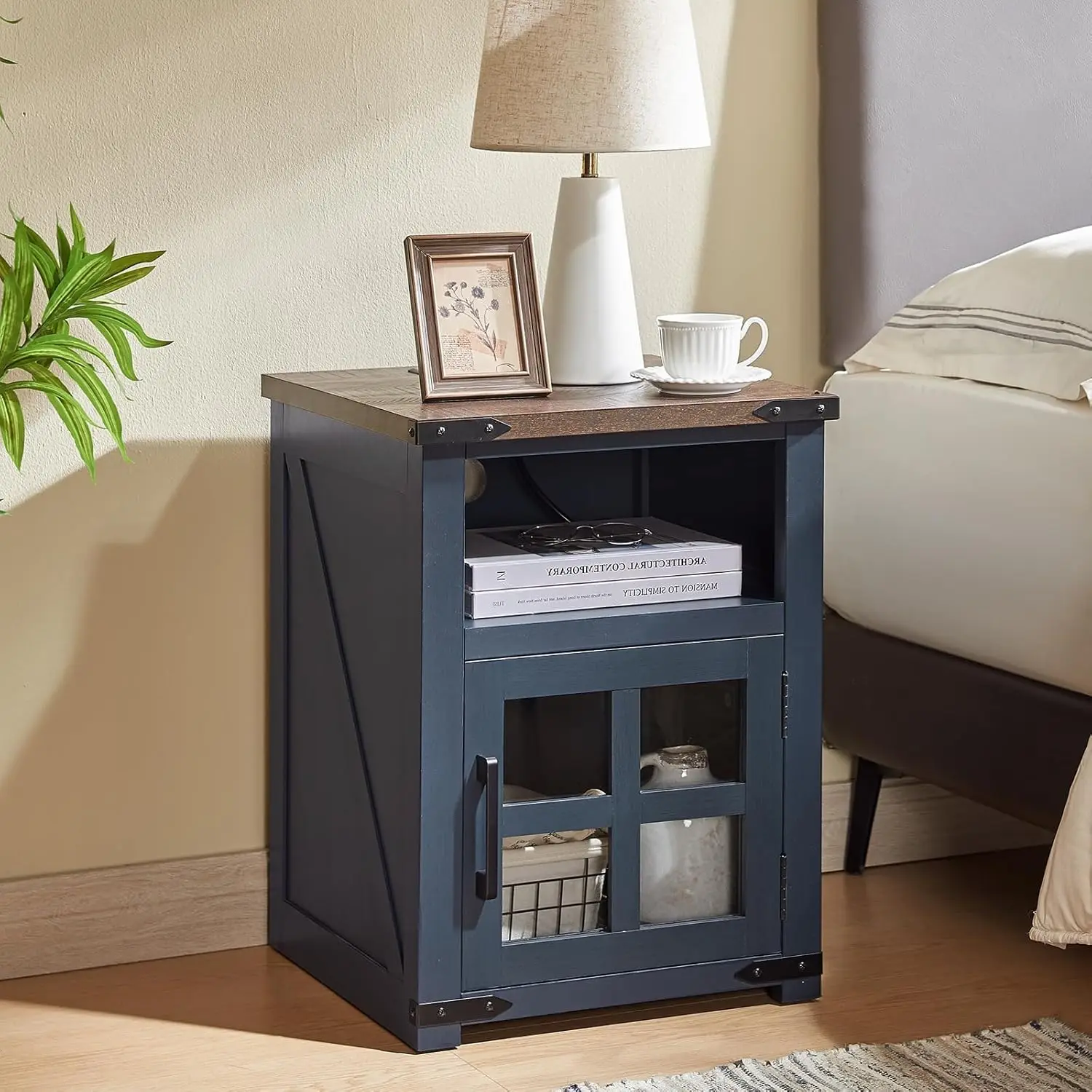 Nightstand with Charging Station, Rustic End Table with Tempered Glass Barn Door, Wood Sofa Side Bedside Table with Open Storage