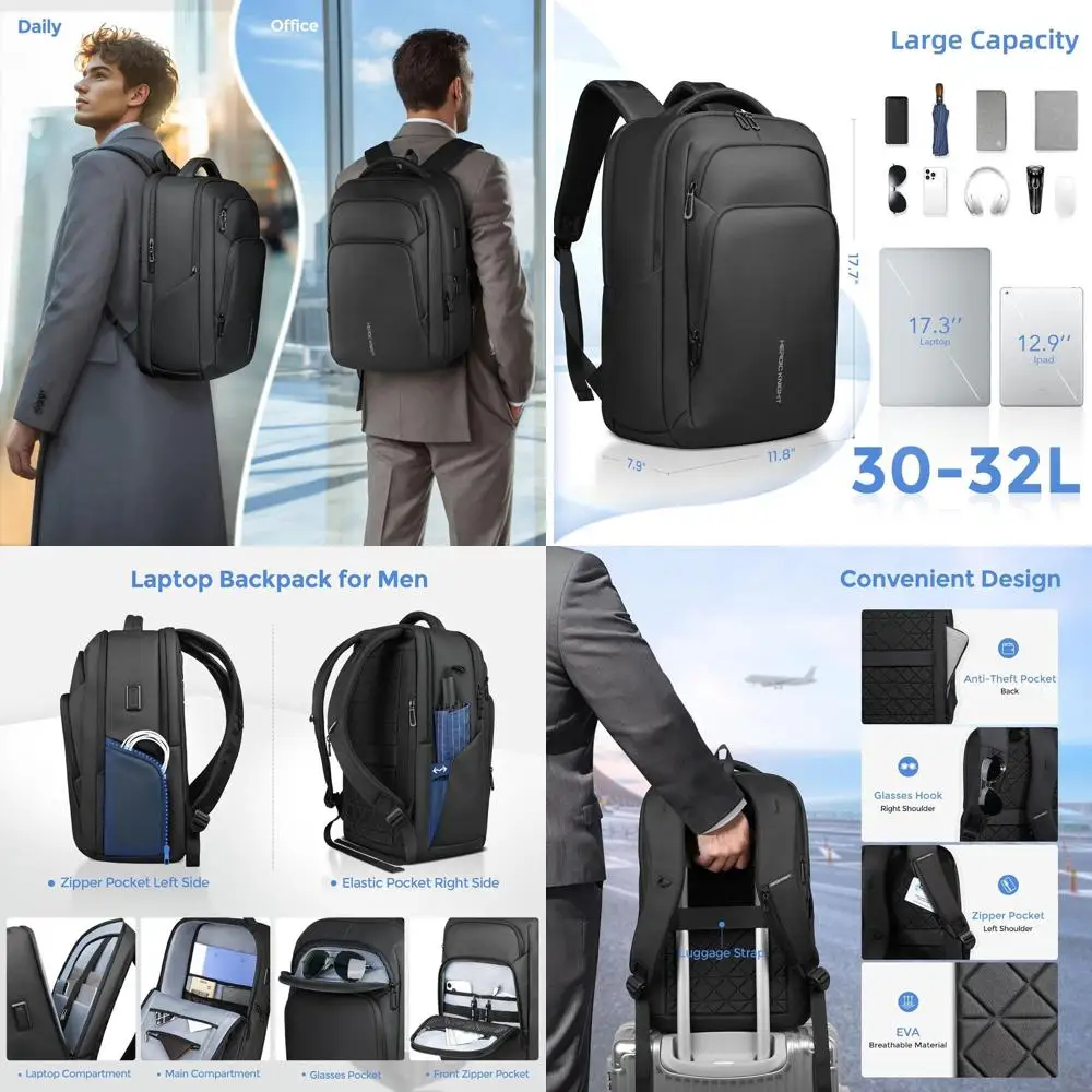 

30L Waterproof 17.3 Laptop Backpack for Travel, Work, and College - USB Charging Port, Unisex Daypack - Black