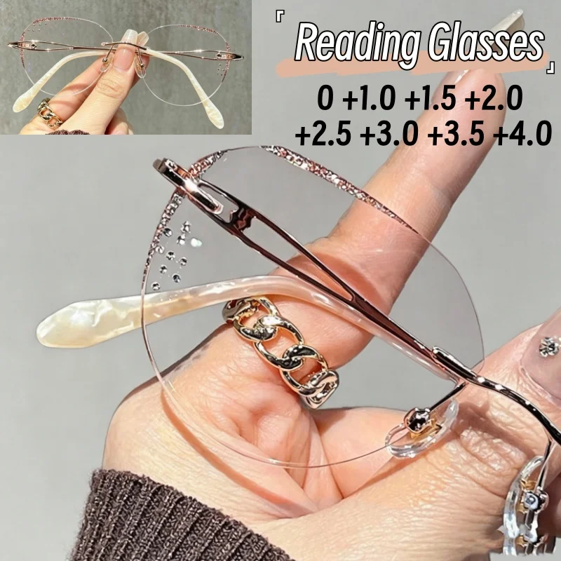 Women's Frameless Exquisite Diamond-set Luxury Presbyopia Glasses High-end Anti-blue Light Reading Eyewear 0 To +4.0