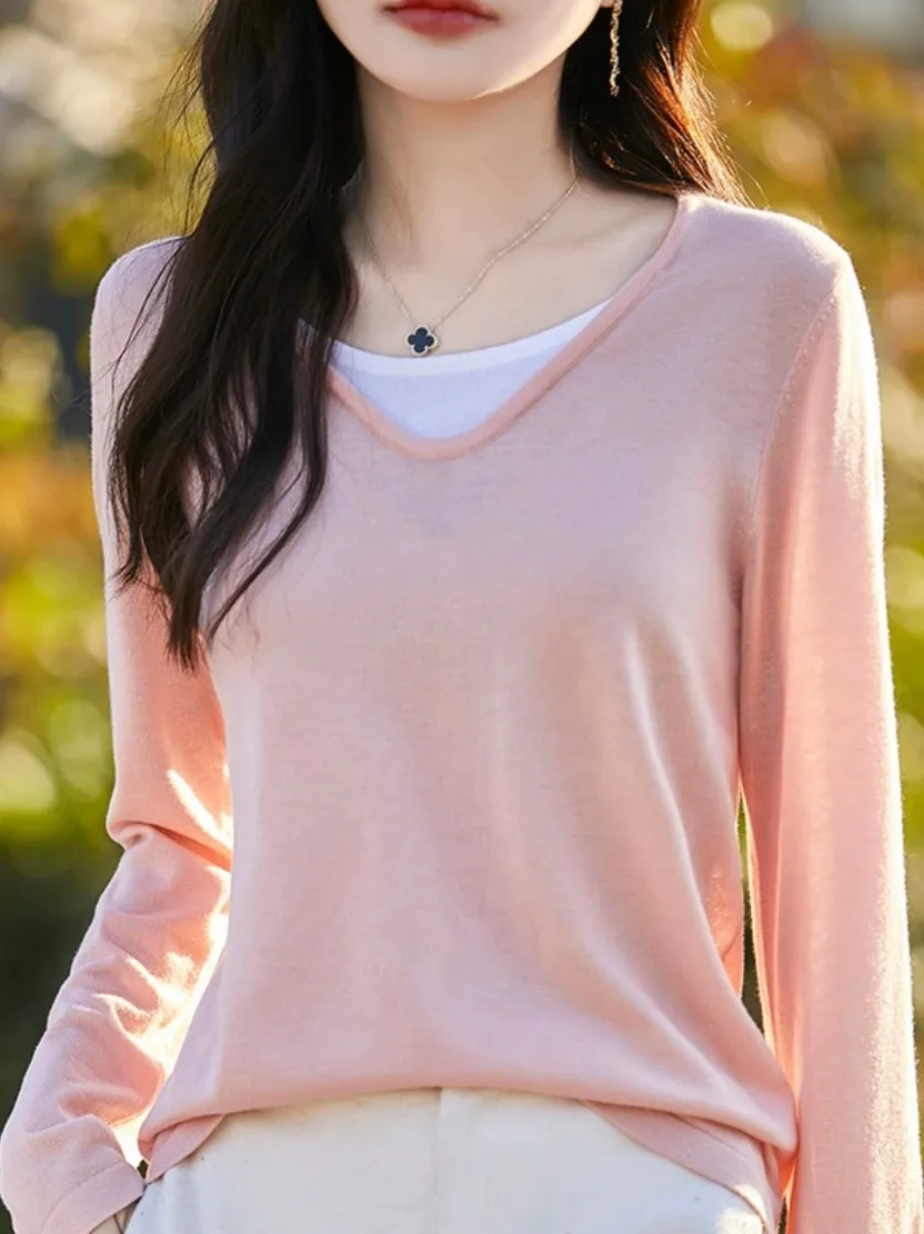 

Высококачественный женский трикотаж в европейском стиле Long Sve V-Ne, цвет Blo Base irt, осенне-зимний сезон, поездка на работу, мода