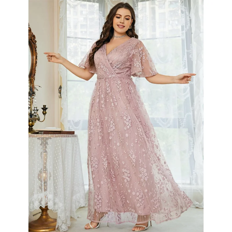 

2023 Plus Size V Neck Embroidered Pink Loose Dress 5XL6XLMaxi Loose Elegant Party Party Chiffon Lace Dress