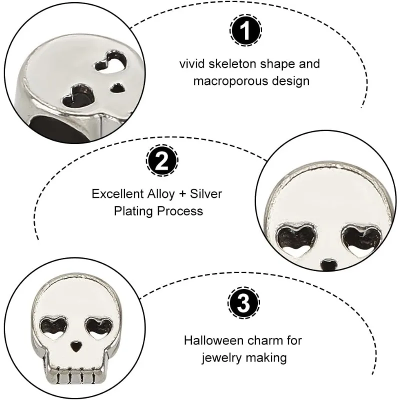60 Pcs Alloy Skull Beads Antique Silver Punk Retro Flat Skull Bead Large Hole Bead Loose Spacer Bead Tibetan Style European Bead