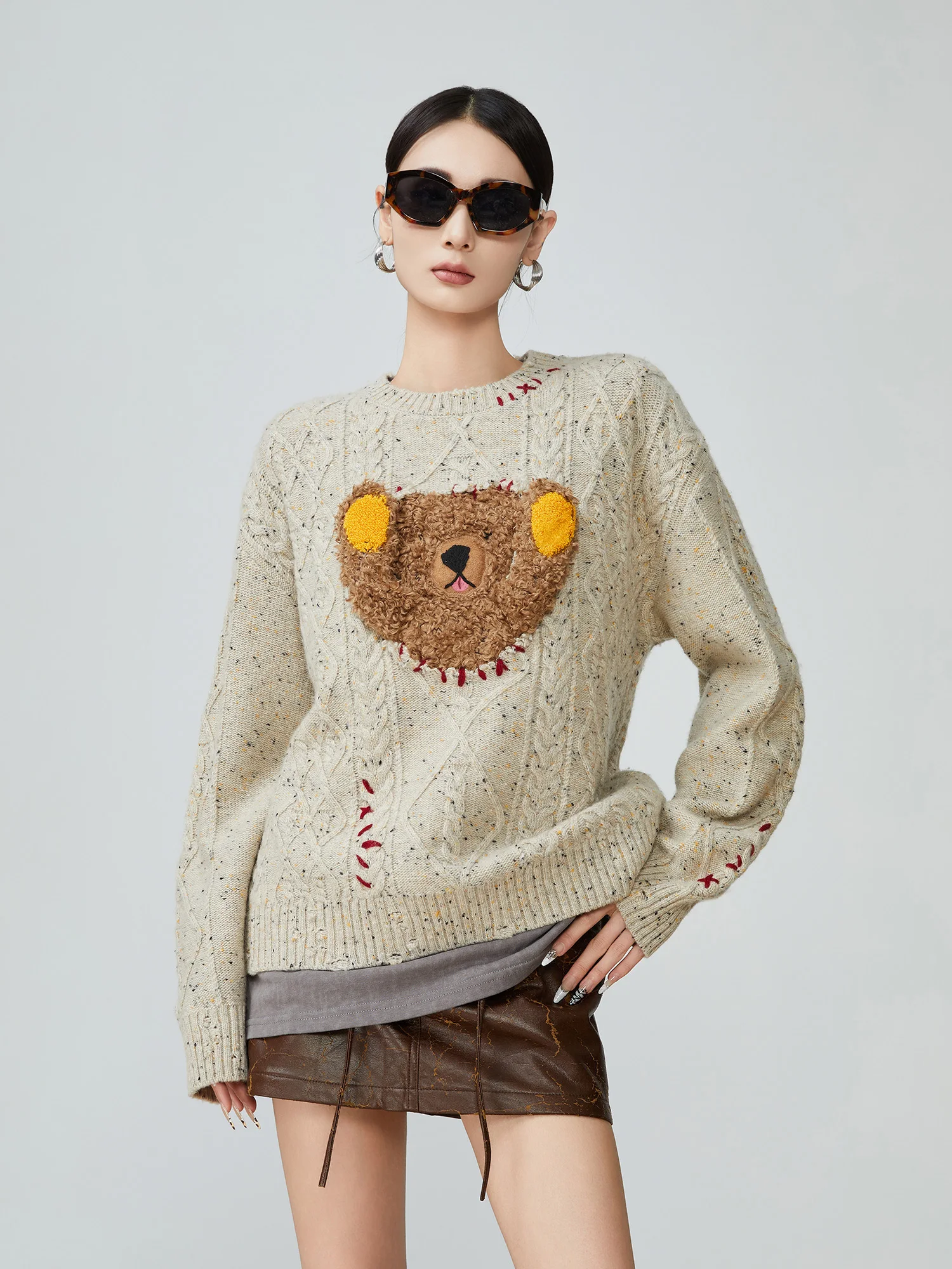 

Beige Bear Knitted Sweater Women's Overhead Sle Spring New Design Trendy Long Sve round Ne Cotton Blend Polyester Fiber